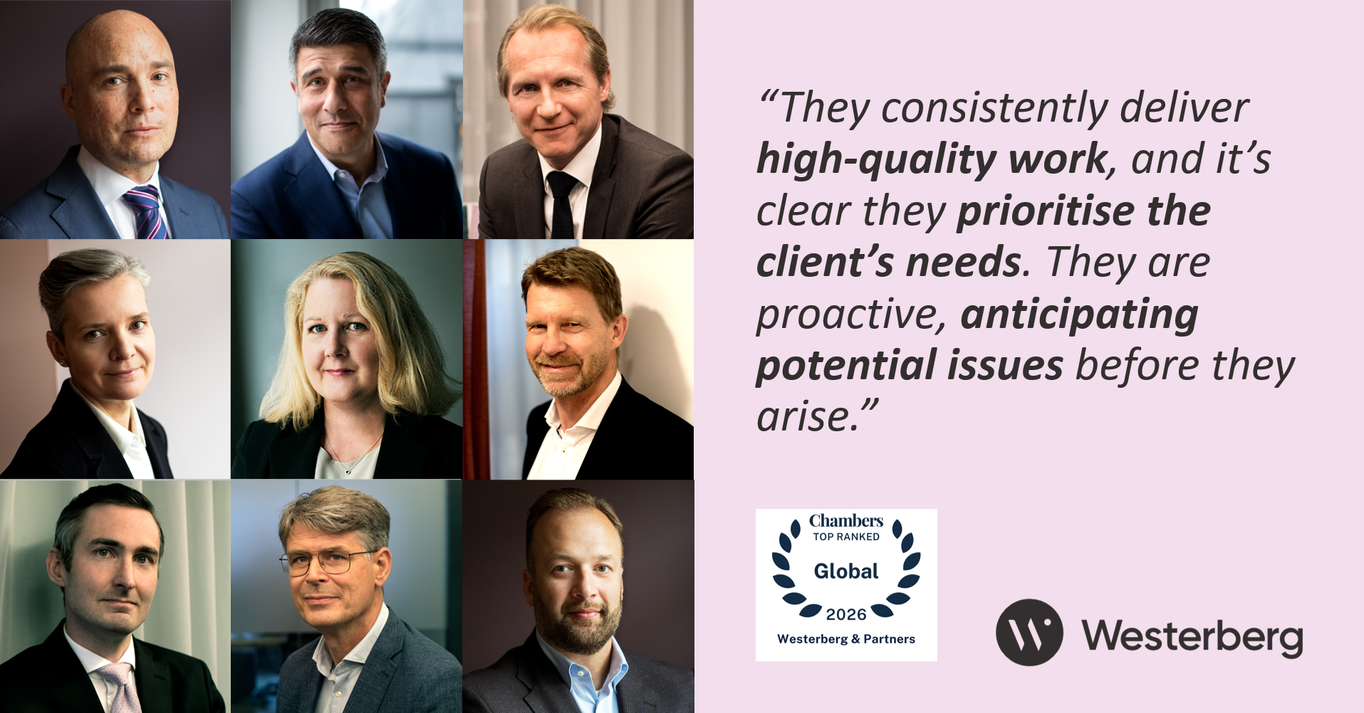 Collage of firm lawyers next to a Chambers quote praising them for consistently high-quality, proactive, client-focused work.